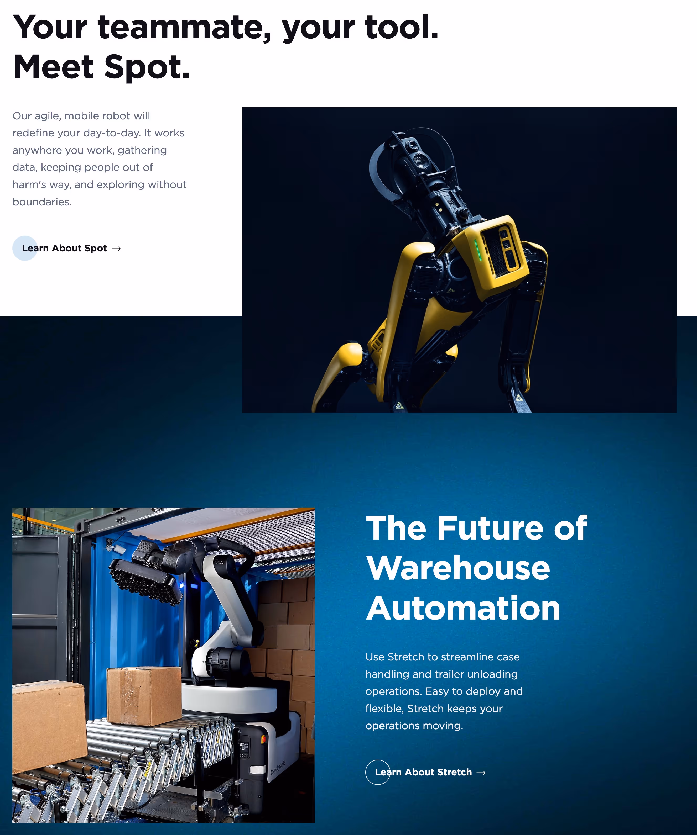Boston Dynamics product page showing organized capabilities with clear descriptions and call-to-action buttons