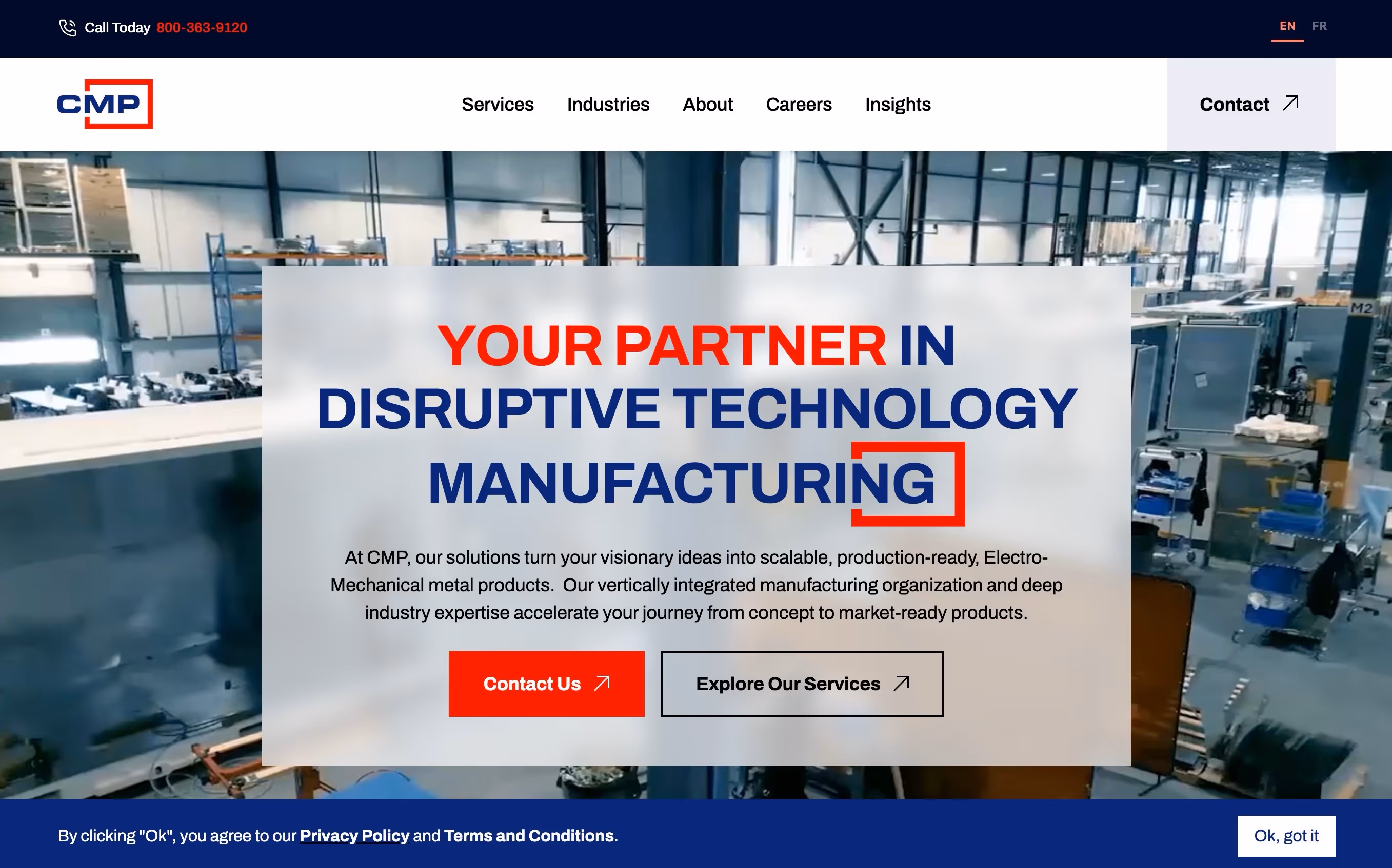 CMP manufacturing website homepage showing cookie consent banner with privacy policy link and acceptance button