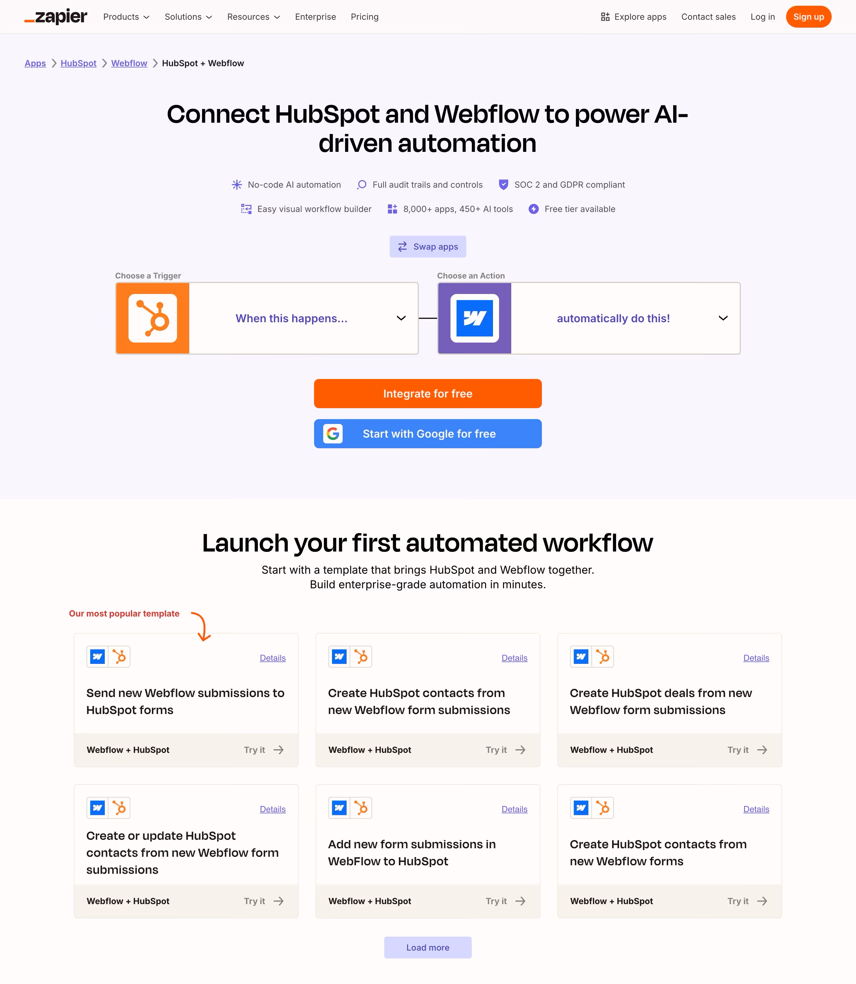Zapier integration page showing Webflow-to-HubSpot automated workflows with pre-built templates for creating CRM contacts from form submissions
