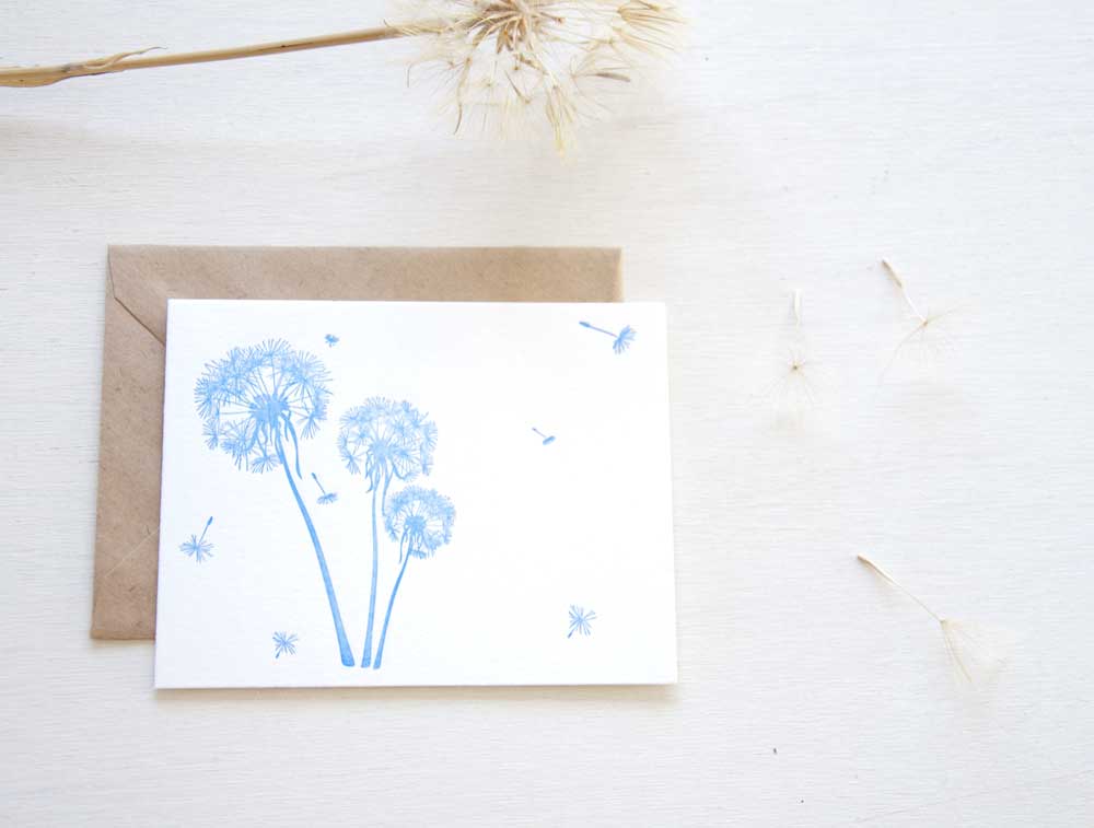 Letterpress card with dandelions.