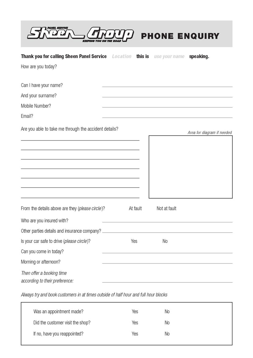 Sheen Phone Enquiry Pads