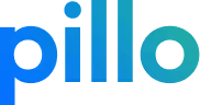 A blue pillow logo with a white letter.