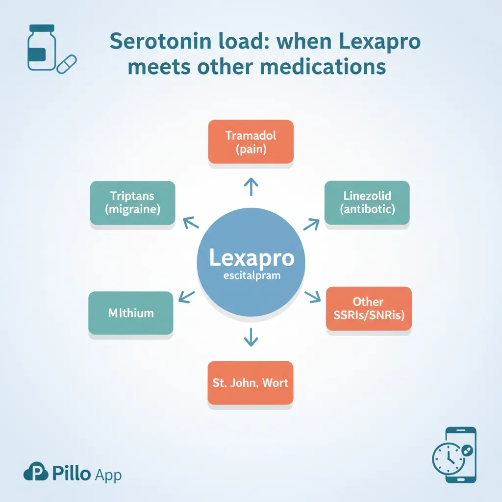 Diagram showing how Lexapro combines with tramadol, triptans, linezolid, St. John's Wort, MAOIs, lithium, and other SSRIs to raise serotonin load