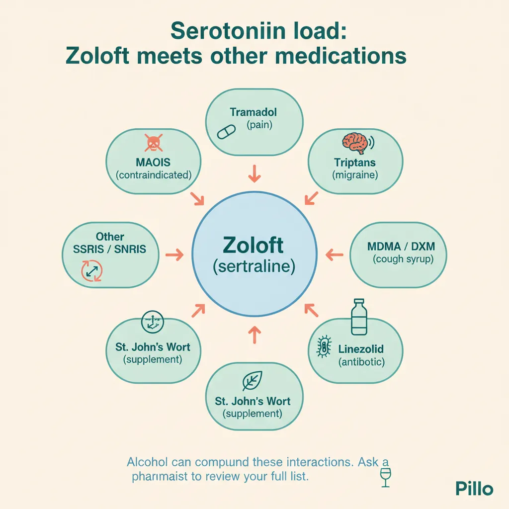 Serotonin load diagram showing Zoloft at the center with arrows from tramadol, triptans, MDMA/DXM, linezolid, St. John's Wort, other SSRIs, and MAOIs