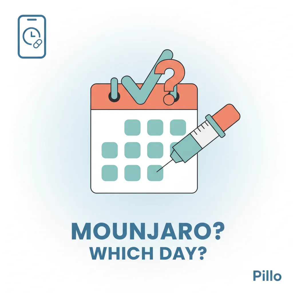 Calendar, Mounjaro pen, and question-mark illustration for tracking weekly injection day