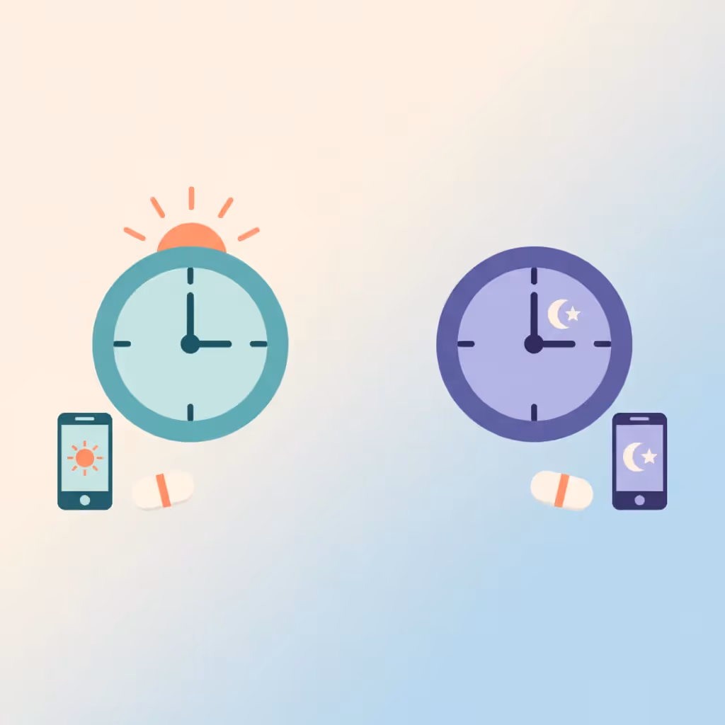 Soft illustration of a clock transitioning from morning to night with a prednisone pill