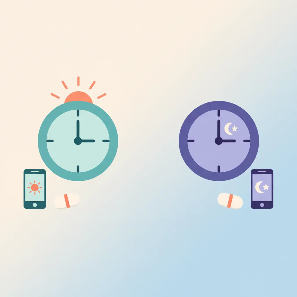 Soft illustration of a clock transitioning from morning to night with a prednisone pill