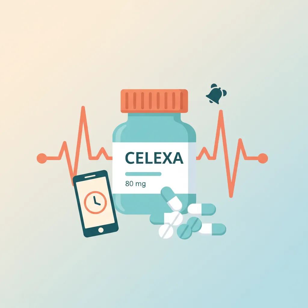 Accidentally Took 80 mg of Citalopram (Celexa) - illustration of a pill bottle with citalopram tablets and ECG line on cream background