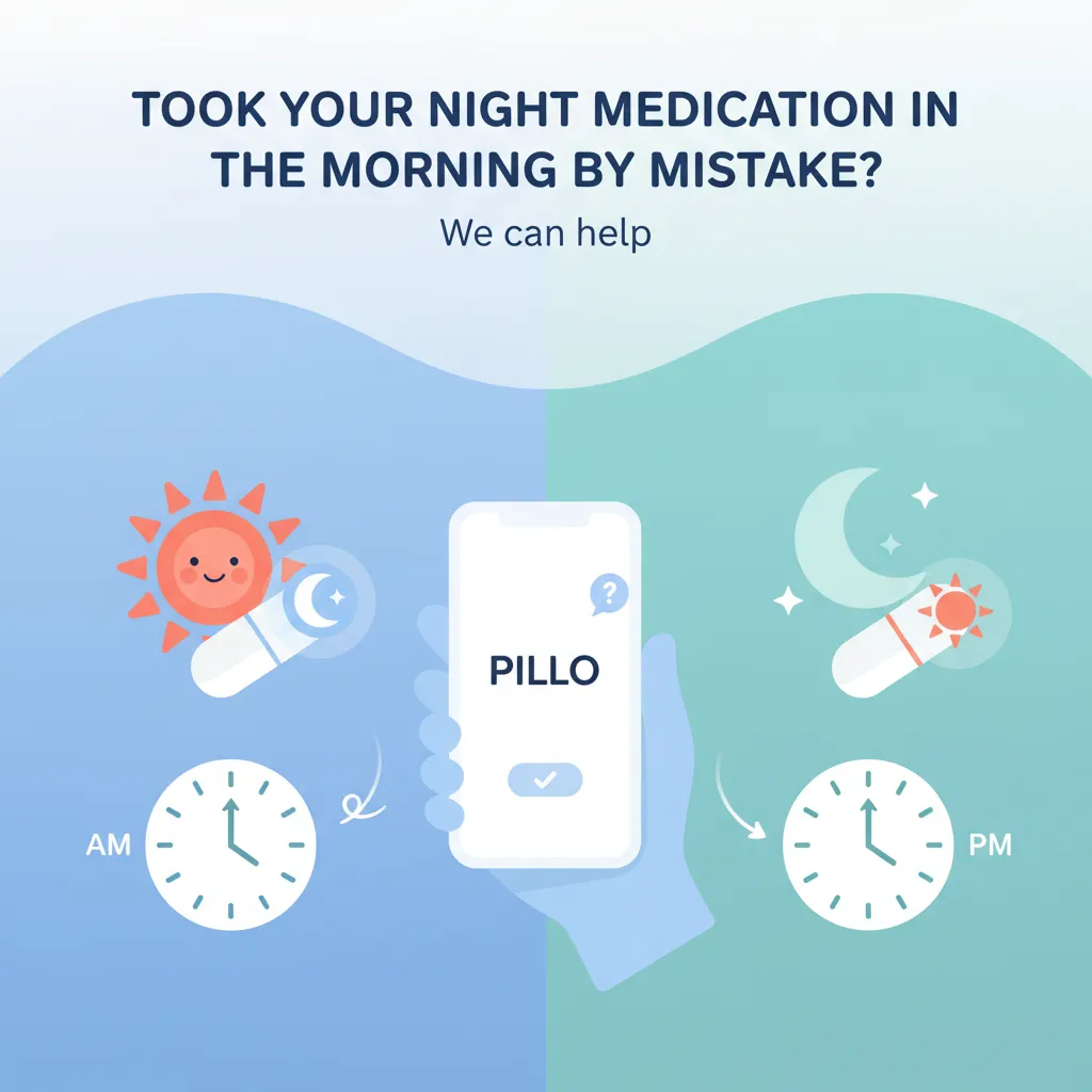 AM and PM medication timing mix-up, sun and moon with pills
