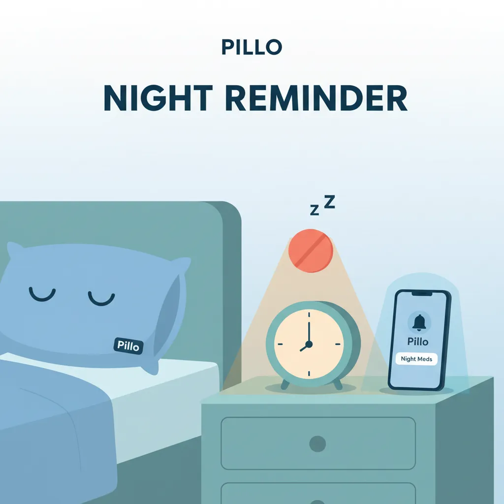 Bedside nighttime medication reminder, pill and glowing alarm