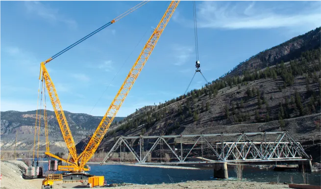 there is a crane that is standing on a bridge over water