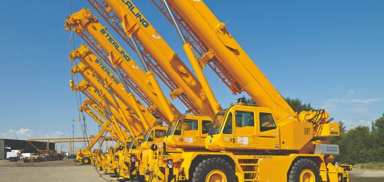 there are many yellow cranes that are lined up in a row