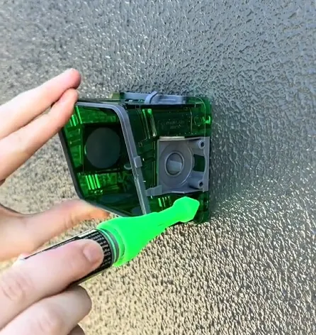 A hand holding a green Marxmate marking tool while positioning a green plastic electrical box on a textured grey wall. The marking tool is being used to mark the wall through the box's mounting holes.