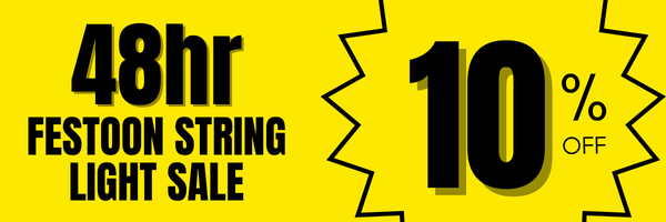 Black banner with bright yellow and white text. The left side features a large '10% OFF' inside a starburst shape. On the right, the text reads 'LESS THAN 48hrs' in bold yellow letters.