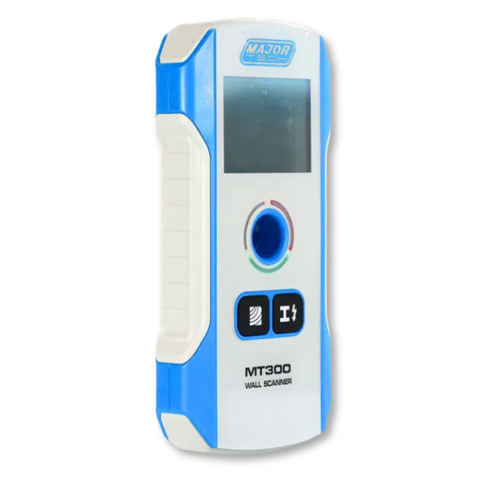 The image features the Major Tech MT300 Wall Scanner, displaying its digital screen and two main function buttons. The device is designed for detecting objects behind walls, with a clear interface and ergonomic design for easy use.