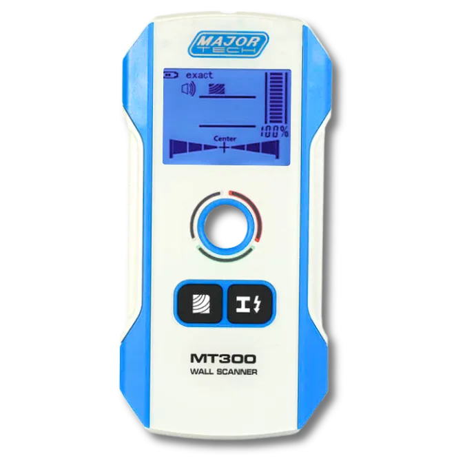 The image features the Major Tech MT300 Wall Scanner, displaying its digital screen and two main function buttons. The device is designed for detecting objects behind walls, with a clear interface and ergonomic design for easy use.