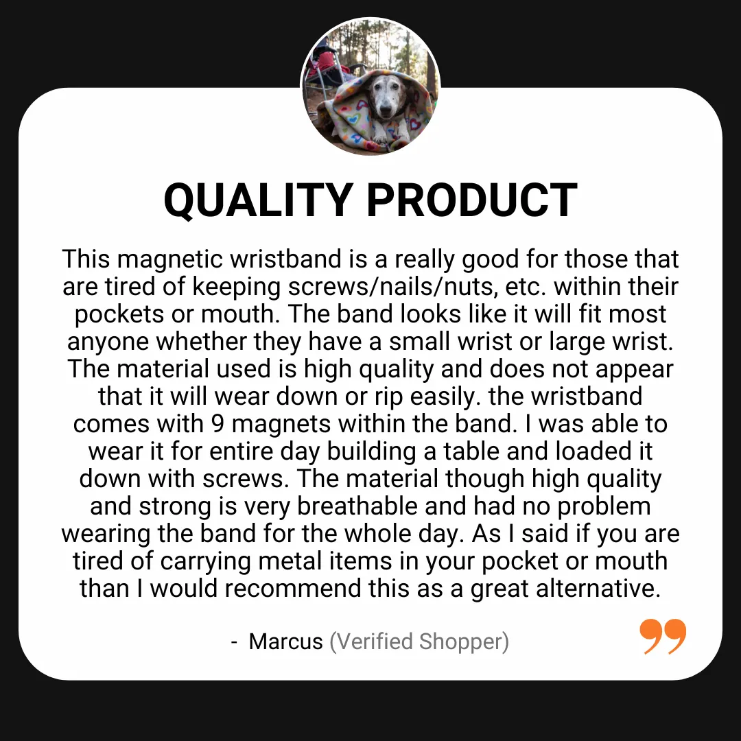 A customer review titled "Quality Product" from a verified shopper, Marcus, recommending the Klein Tools magnetic wristband for its high-quality, durable construction, breathable material, and versatility for holding screws and nails, especially useful during extended DIY projects.