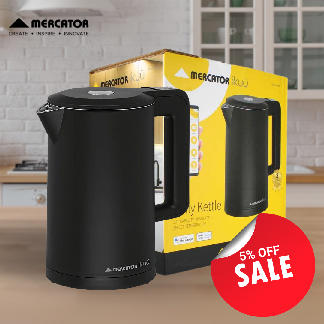 Mercator iKuu smart kettle with packaging in a kitchen.