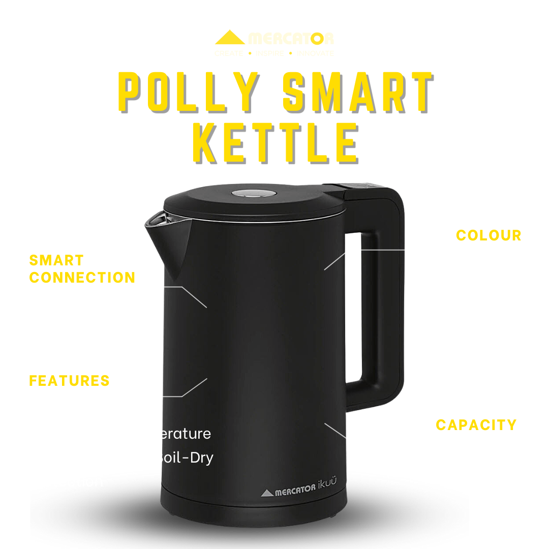 Polly smart kettle with features and specs highlighted.