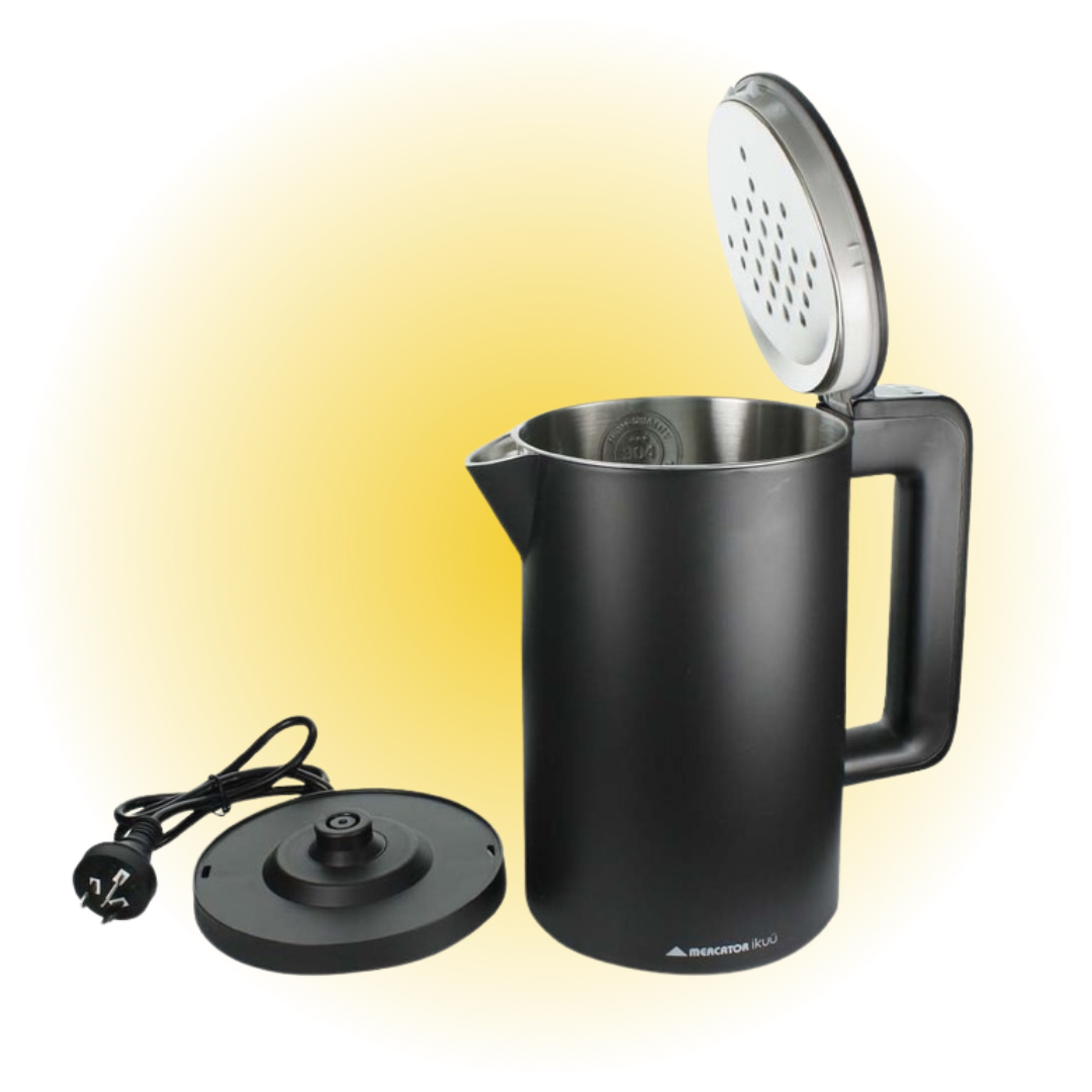 Smart kettle with open lid and detachable base on yellow background.