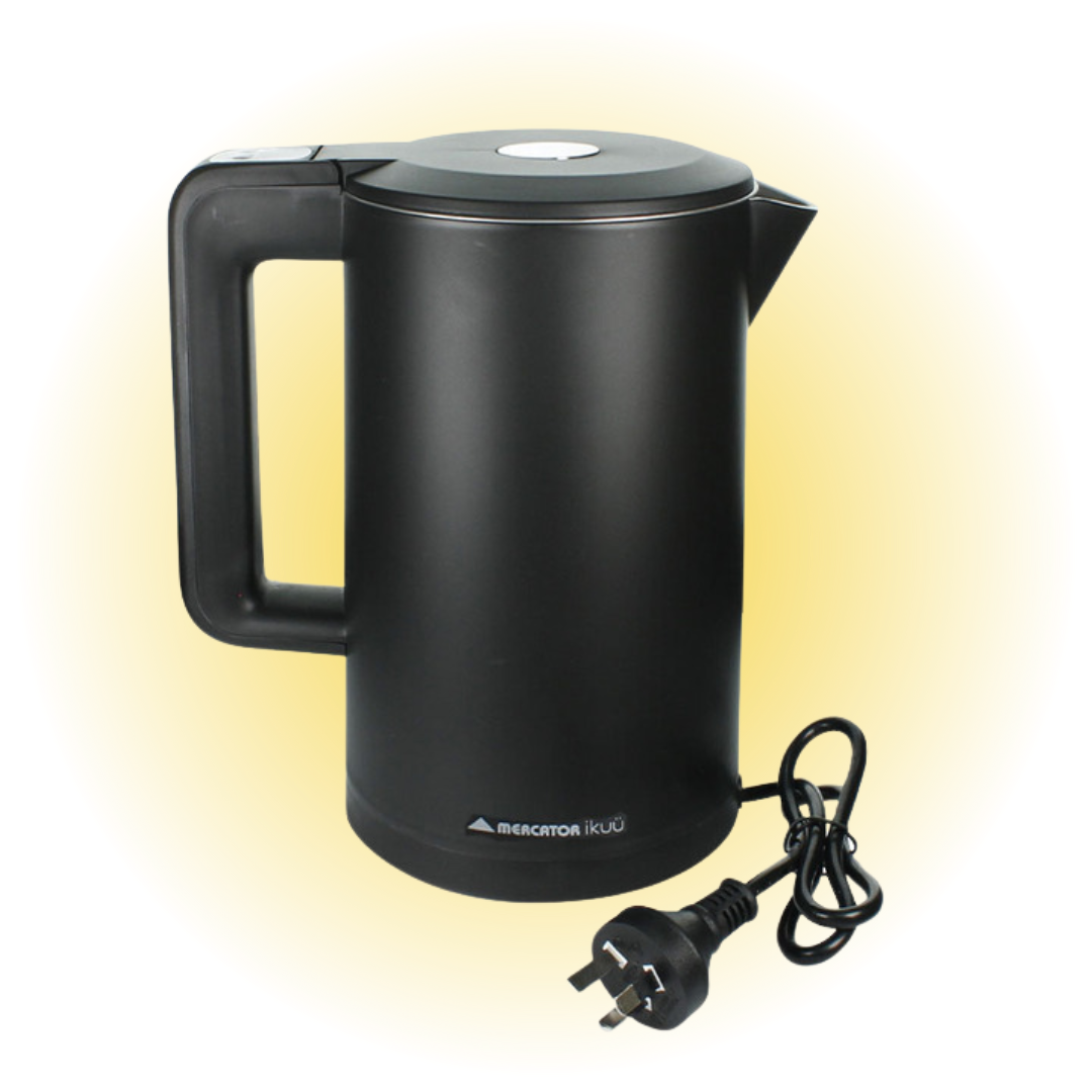 Smart kettle with cord and sleek black design on yellow background.