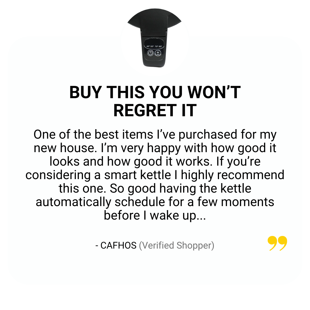 Customer review recommending the smart kettle for its scheduling feature.