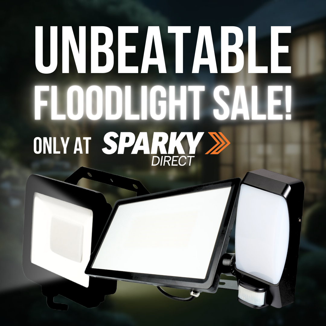 Click here for an advertisement showcasing an unbeatable floodlight sale at Sparky Direct, featuring three different floodlight models against a nighttime background.