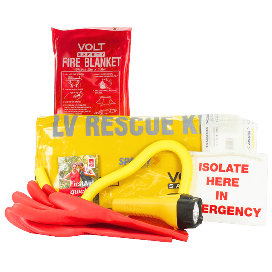 close-up of volt safety lvr-kit with crook gloves torch and fire blanket