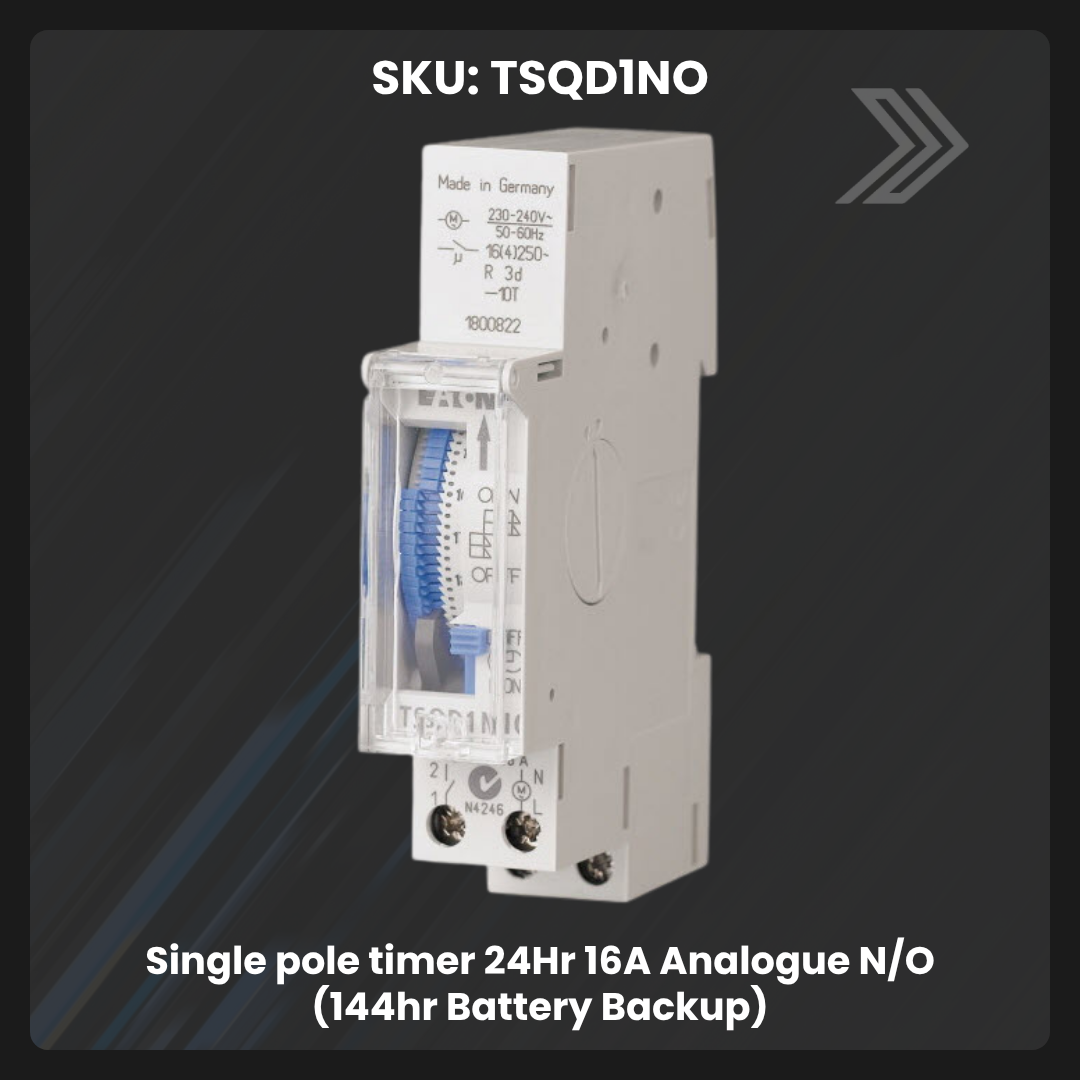 Click here for a product listing image of a 24Hr 16A analogue timer with 144-hour battery backup.