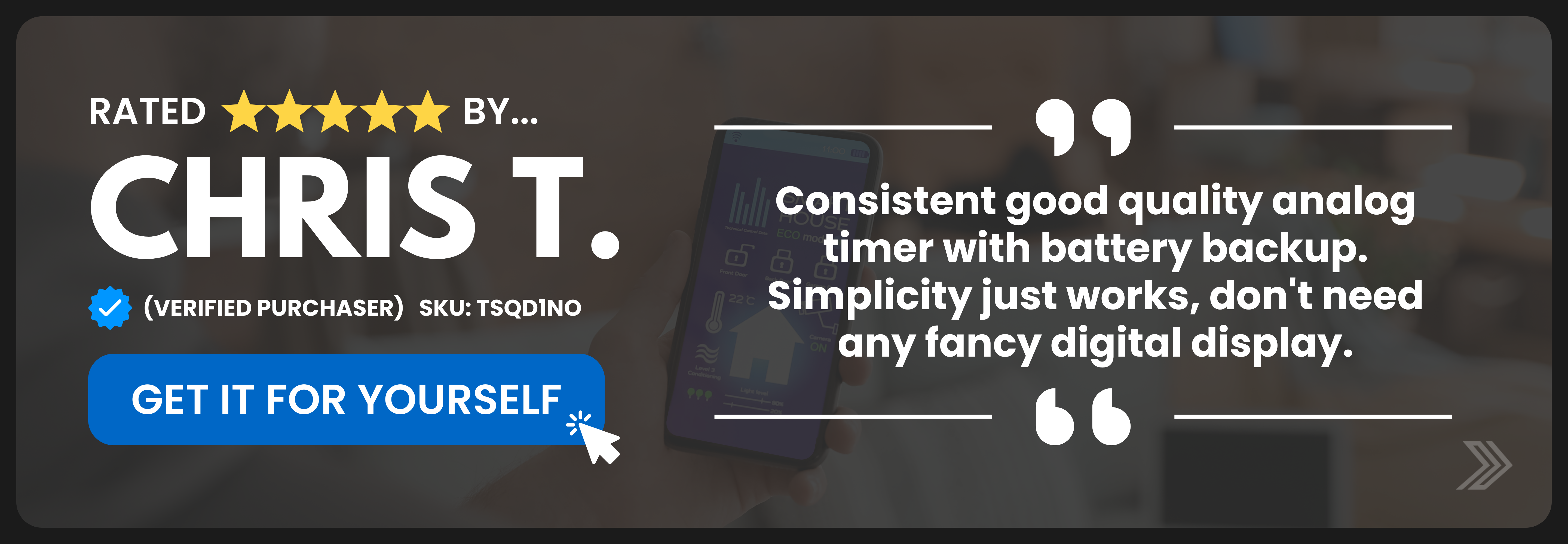 Click here for a five-star customer review praising a reliable analog timer with battery backup.