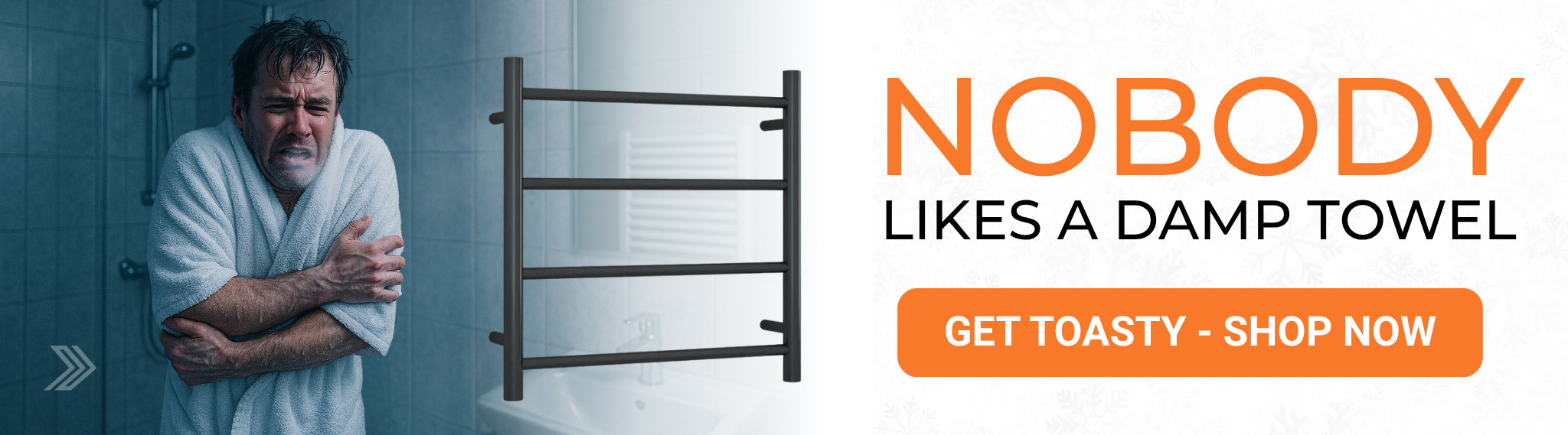 Click here for a Thermogroup ad with a cold man in a towel and the slogan "Nobody likes a damp towel," encouraging viewers to shop heated towel rails.