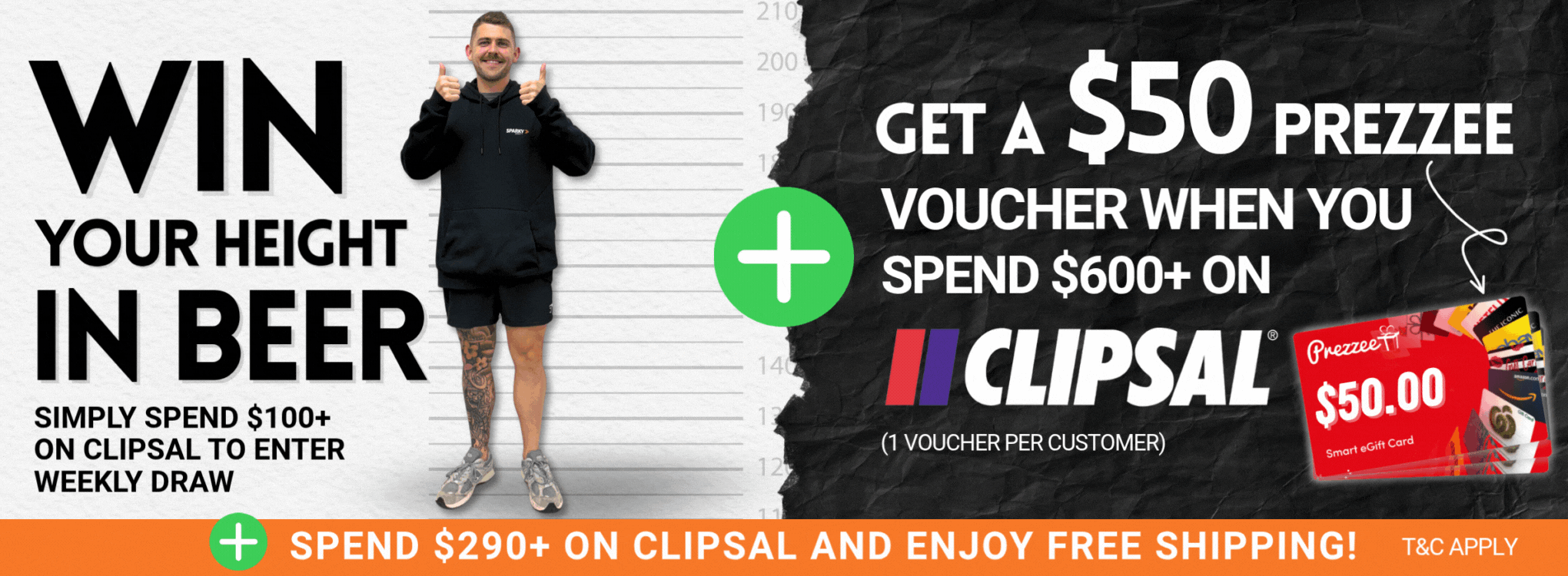 Click here for a Clipsal promotion offering a chance to win your height in beer and a $50 Prezzee voucher with qualifying purchases.