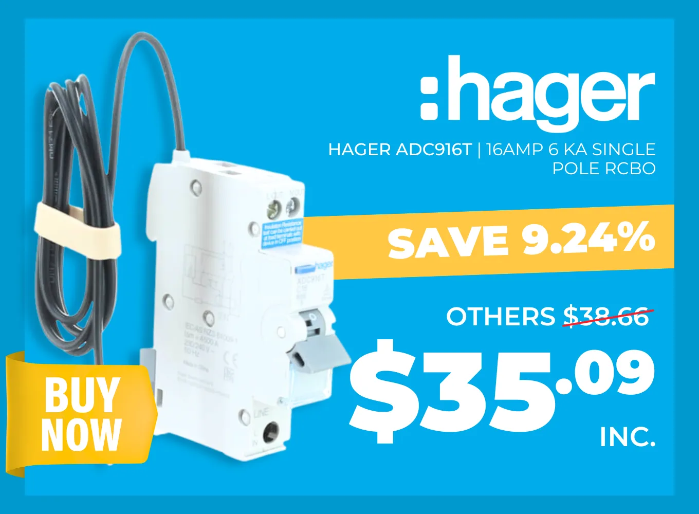 Click here for the Hager ADC916T 16A 6kA Single Pole RCBO.
