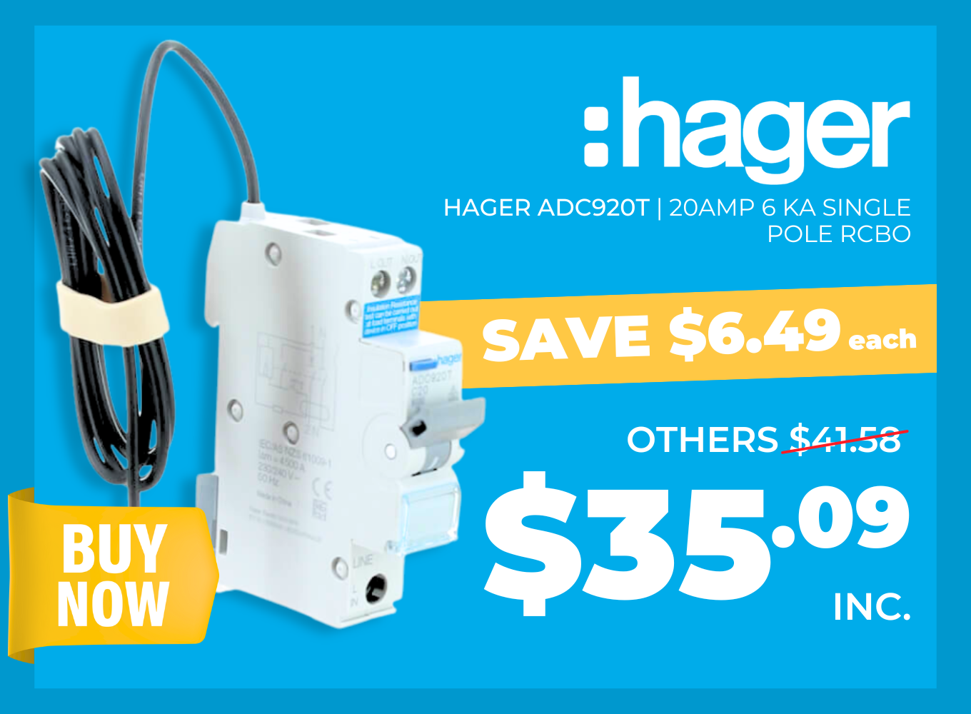 Click here for the Hager ADC920T 20A 6kA Single Pole RCBO.