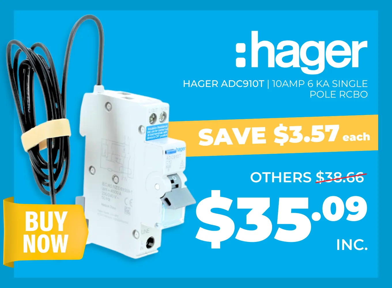 Click here for the Hager ADC910T 10A 6kA Single Pole RCBO.