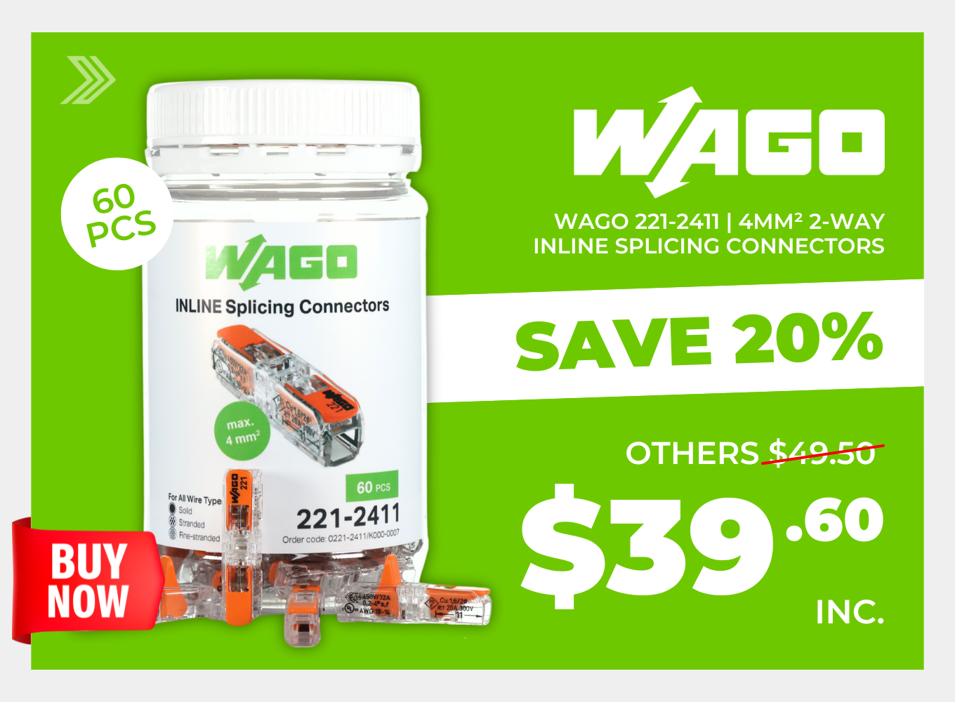 Click to shop the Wago 221-2411 | 4mm² 2-Way Inline Splicing Connectors.