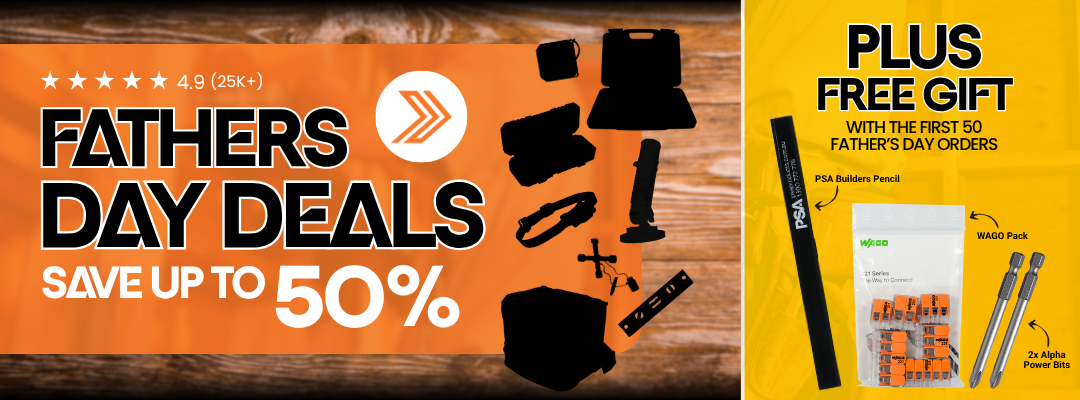 Father’s Day deals banner with up to 50% off and free gift offer for first 50 orders, featuring tools, WAGO connectors, PSA pencil, and Alpha power bits.