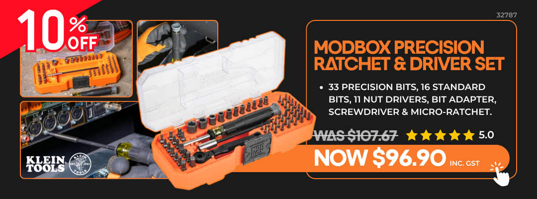 ModBox precision ratchet and driver set on sale for $96.90, 10% off, includes 33 bits, nut drivers, and micro-ratchet.