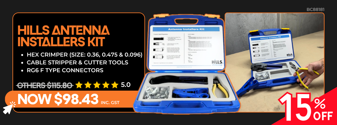 Hills Antenna Installers Kit on sale for $98.43, 15% off, includes crimper, cutter, stripper, and RG6 connectors.