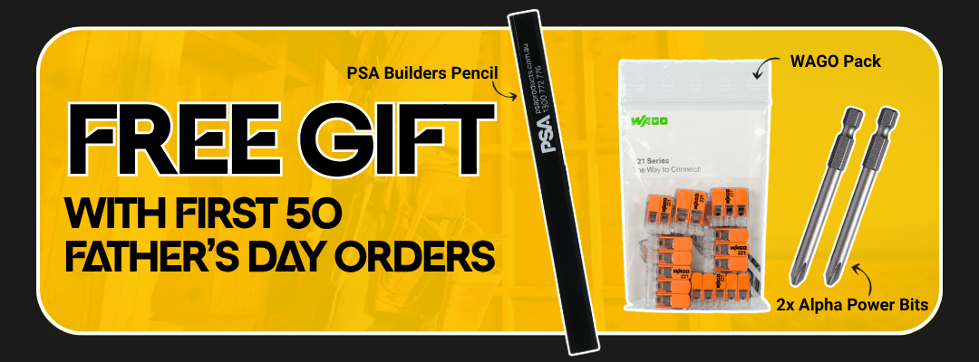Free gift offer for first 50 orders, featuring tools, WAGO connectors, PSA pencil, and Alpha power bits.