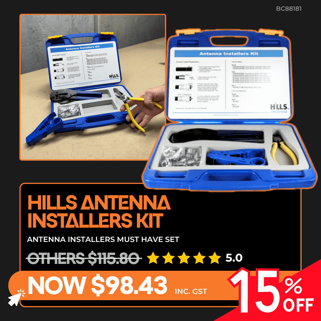 Hills Antenna Installers Kit on sale for $98.43, 15% off, includes crimper, cutter, stripper, and RG6 connectors.
