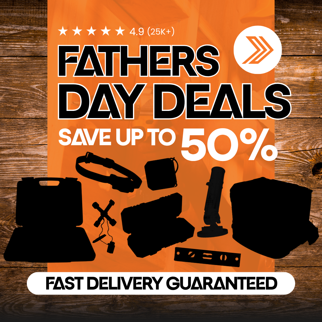 Father’s Day deals banner with up to 50% off and free gift offer for first 50 orders, featuring tools, WAGO connectors, PSA pencil, and Alpha power bits.