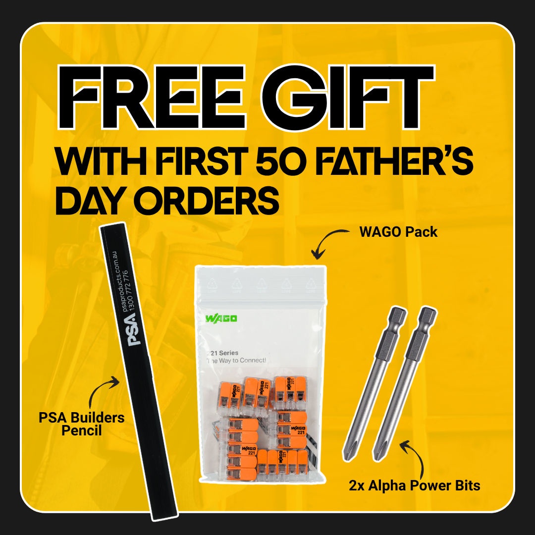 Free gift offer for first 50 orders, featuring tools, WAGO connectors, PSA pencil, and Alpha power bits.