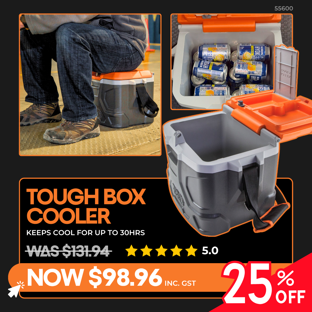 Tough Box Cooler on sale for $98.96, 25% off, keeps cool for 30 hours, doubles as seat, 16.1L storage.