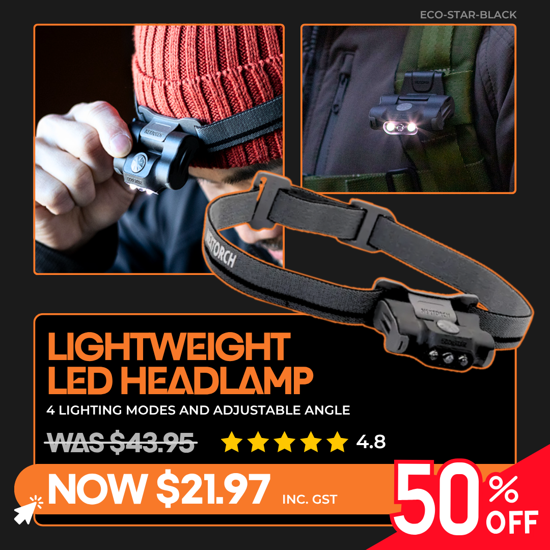 Lightweight LED headlamp on sale for $21.97, 50% off, with 4 modes and adjustable angle.