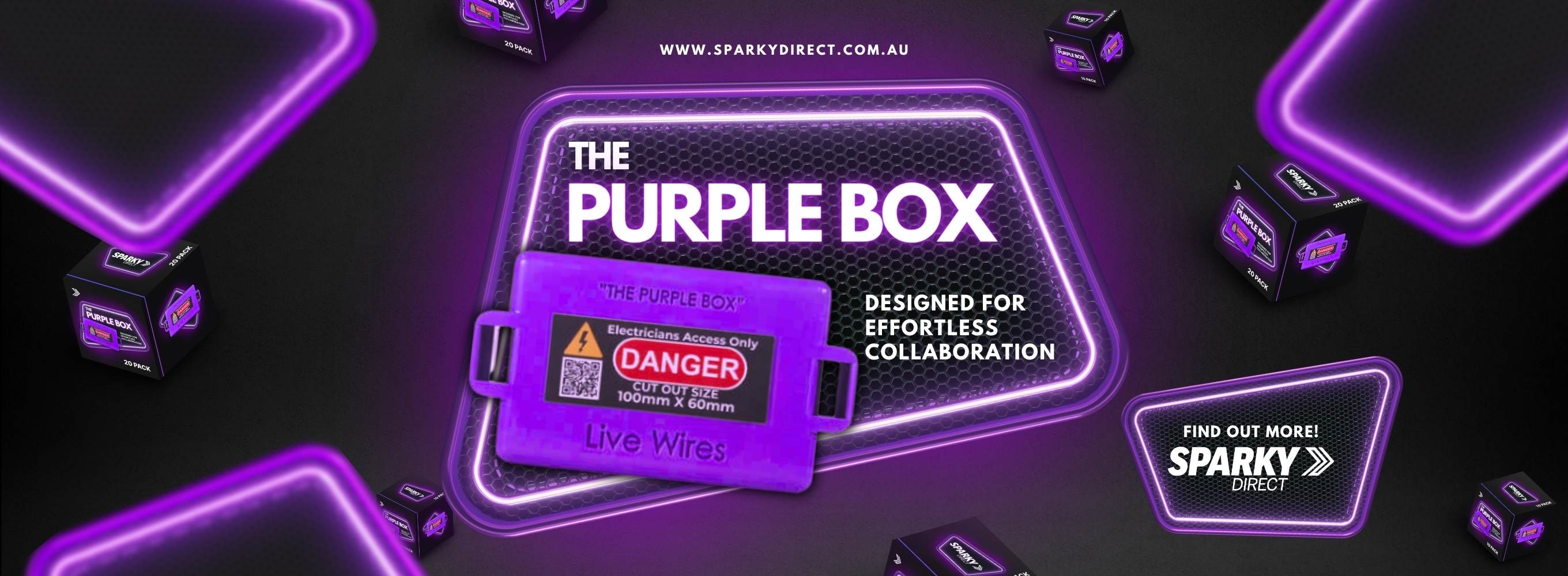 Promotional image for 'The Purple Box' by Sparky Direct, featuring a vibrant purple lockout box labeled "Danger - Electricians Access Only", with the tagline “Designed for Effortless Collaboration”. Neon accents and product packaging boxes are visible in the background.