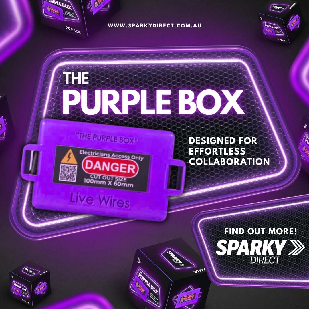 Promotional image for 'The Purple Box' by Sparky Direct, featuring a vibrant purple lockout box labeled "Danger - Electricians Access Only", with the tagline “Designed for Effortless Collaboration”. Neon accents and product packaging boxes are visible in the background.