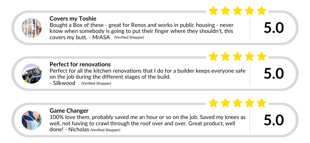 Three 5-star customer reviews for The Purple Box, praising its safety, usefulness during renovations, and time-saving benefits. Each review includes a small profile image, a bold headline, detailed feedback, and a large 5.0 rating on the right.