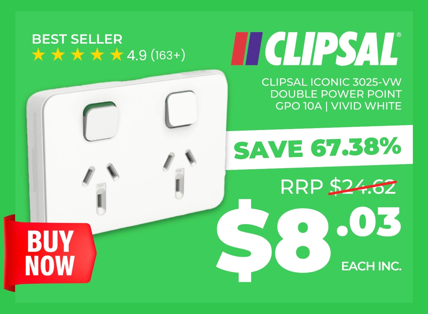 Click here for a Clipsal Iconic double power point in vivid white available for $8.03.