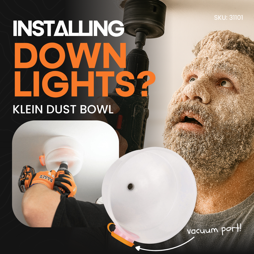 Electrician using Klein Tools collapsible dust bowl to install downlights without mess, showing vacuum port and clean workspace. Click to shop the Klein Tools Dust Bowl.
